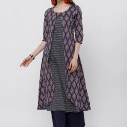 Vishudh Women Navy Blue and Pink Printed Layered A-Line Kurta image 1