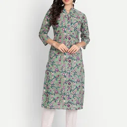 Haute and Humble Women Green Floral Print Cotton Straight Kurta-picture-30