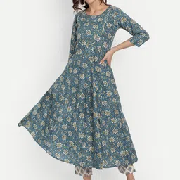 Haute and Humble Women Teal Floral Printed Sequinned Pure Cotton Kurta with Trousers image 1