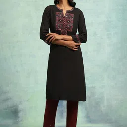 folk song W The Folksong Collection Geometric Yoke Design Notched Neck Thread Work Pure Cotton Kurta image 1