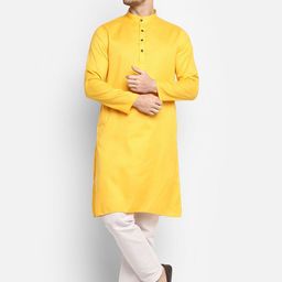 DEVOILER Men's Self Design Yellow Cotton Kurta-picture-38