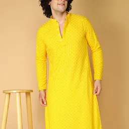 NAMASKAR Ethnic Motifs Embroidered Sequinned Chikankari Cotton Kurta-picture-30