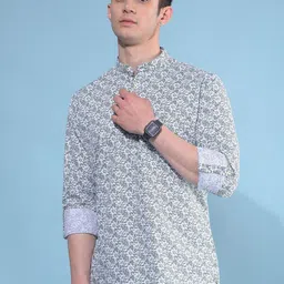 Crimsoune Club Floral Printed Band Collar Pure Cotton Straight Kurta-image-1