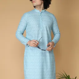 NAMASKAR Ethnic Motif Woven Design Mandarin Collar Cotton Chikankari Kurta-picture-33