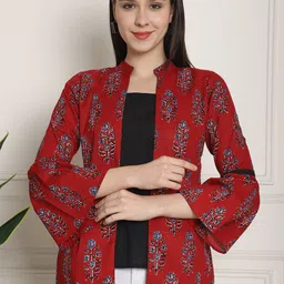 KALINI Floral Print Mandarin Collar Bell Sleeve A-Line Cotton Top-picture-15
