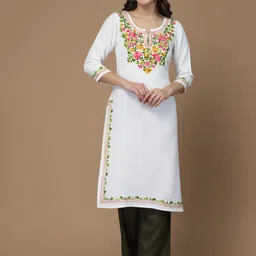 QAZMI Floral Embroidered Thread Work Kashmiri Aari Work Straight Kurta-image-6