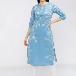 Vishudh Women Blue Floral Printed Keyhole Neck Kurta-image-57