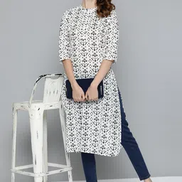 HERE&NOW Women White & Black Pure Cotton Quirky Print Kurta-picture-39
