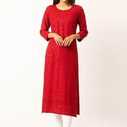 ZOLA Women Sequin Embroidered Chikankari Straight Kurta-image-15