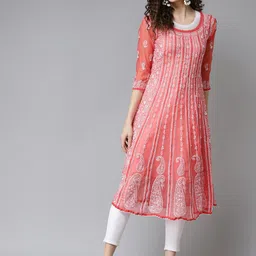 ADA Women Red & White Ethnic Motifs Chikankari Embroidered Georgette Kurta-picture-14