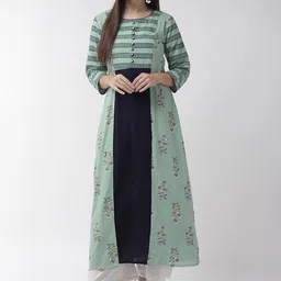 Anouk Teal Green Floral Printed Thread Work Dobby Pure Cotton A-Line Kurta image 1