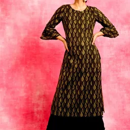 Anouk Black Conversational Printed Round Neck Bell Sleeve Straight Cotton Kurta-picture-26