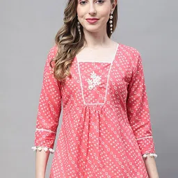 KALINI Ethnic Motifs Printed Square Neck Gathered Cotton A-Line Top-image-3