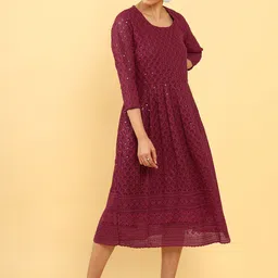 Soch Women Maroon Geometric Embellished Keyhole Neck Georgette Anarkali Kurta-picture-36