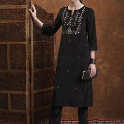 Vishudh Black Floral Embroidered Thread Work Straight Kurta-picture-13