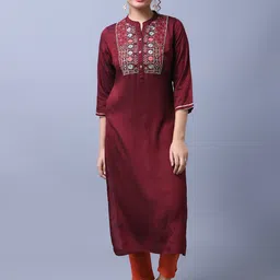 RANGMAYEE Geometric Yoke Design Thread Work Liva Mandarin Collar Straight Kurta image 1
