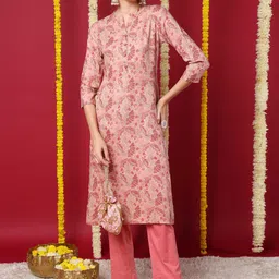 KALINI Floral Printed Mandarin Collar Three-Quarter Sleeves Kurta-picture-26