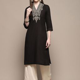 Biba  Ethnic Motifs Embroidered Mirror Work Pure Cotton Straight Kurta-picture-26