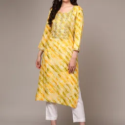 KALINI Leheriya Printed Round Neck Sequinned Straight Kurta-image-64
