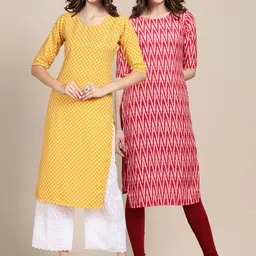 7threads KALINI Women Pack of 2 Yellow & Pink Ethnic Motifs Printed Crepe Kurta image 1