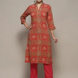 Biba Ethnic Motifs Printed Mandarin Collar Regular Sleeves Straight Casual Kurta-picture-11