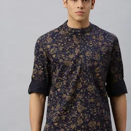 Anouk Men Navy Blue & Beige Floral Printed Straight Kurta image 1