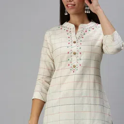 SHOWOFF Women Cream-Coloured & Green Checked Cotton Straight Kurta-picture-30