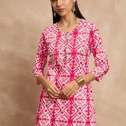 all about you Geometric Shibori Printed Mirror Work Pure Cotton Straight Kurti image 1