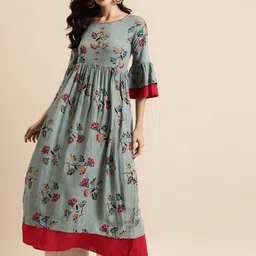 RANGMAYEE Women Grey & Red Floral Printed Floral Liva Kurta image 1