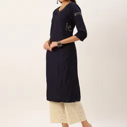SHOWOFF Women Navy Blue Flared Sleeves Thread Work Floral Kurta image 2