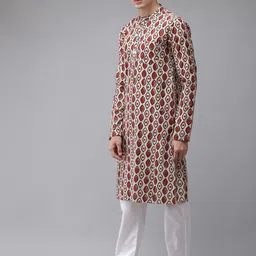 See Designs Men Beige & Red Geometric Printed Pure Cotton Kurta image 3