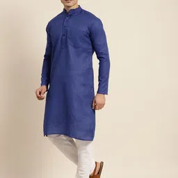 Anug by SOJANYA Men Blue Dobby Band Collar Kurta image 3
