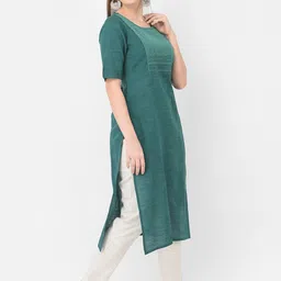 Span Round Neck Short roll-up sleeves Thread Work Cotton Straight Kurta image 4