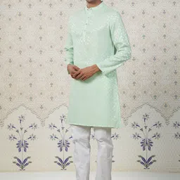 Ode by House of Pataudi Floral Woven Design Mandarin Collar Straight Kurta image 3