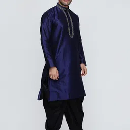 ROYAL KURTA Men Navy Blue Solid Mandarin Collar Dupion Silk Kurta image 5