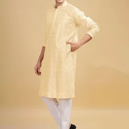 Anouk Yellow Floral Embroidered Mandarin Collar Pure Cotton Straight Kurta image 5
