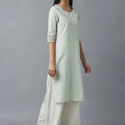 W Women Green & White Printed Thee-Quarter Sleeves Kurta image 3