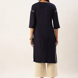 SHOWOFF Women Navy Blue Flared Sleeves Thread Work Floral Kurta image 3