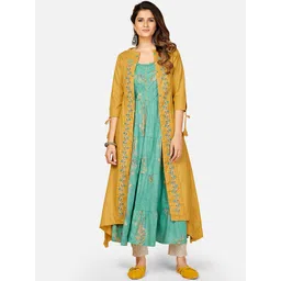 Vbuyz Women Sea Green & Yellow Ethnic Motifs Printed Anarkali Kurta With Shrug image 4