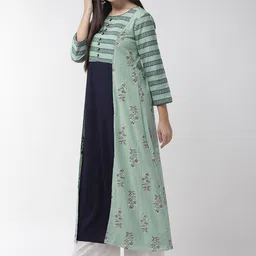 Anouk Teal Green Floral Printed Thread Work Dobby Pure Cotton A-Line Kurta image 3