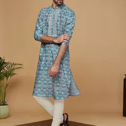 KISAH Men Geometric Printed Mirror Work Straight Jacquard Kurta image 5