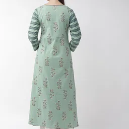 Anouk Teal Green Floral Printed Thread Work Dobby Pure Cotton A-Line Kurta image 4