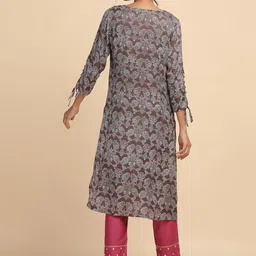 folk song W The Folksong Collection - Women Dark Brown Ajrakh Print Kurta In Modal Satin image 3