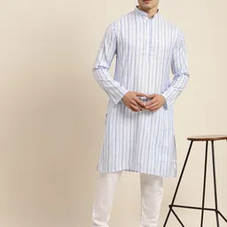 Anug by SOJANYA Men Blue Striped Kurta image 3