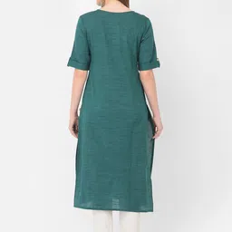 Span Round Neck Short roll-up sleeves Thread Work Cotton Straight Kurta image 2