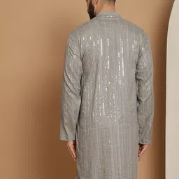 Anouk Grey Striped Band Collar Sequinned Detailed Cotton Straight Kurta image 3