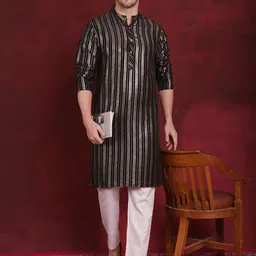 Anouk Black Striped Band Collar Straight Kurta image 2