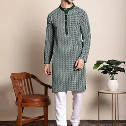 Anouk Green Ethnic Motifs Chikankari Embroidered Band Collar Kurta image 2