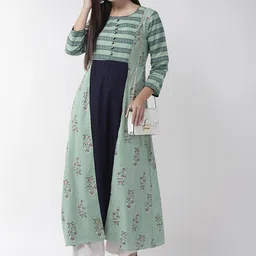 Anouk Teal Green Floral Printed Thread Work Dobby Pure Cotton A-Line Kurta image 5
