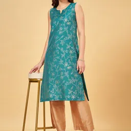 RANGMANCH BY PANTALOONS Ethnic Motifs Woven Design Straight Round Neck A-Line Kurta image 5